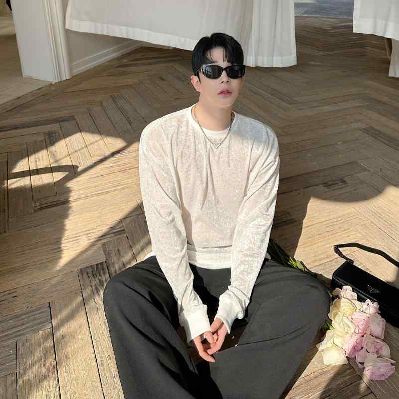 メンズ 長袖 Tシャツ メッシュ シースルー フィット 韓国 シンプル 薄手 クール パーティー用 カジュアル トップス 吸湿速乾 軽量 スタイリッシュ