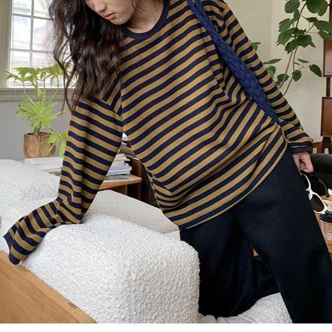Tシャツ トップス レディース 長袖 春 配色 ストライプ ゆったり スリム効果 小柄対応 カジュアル 普段使い 軽量 伸縮性