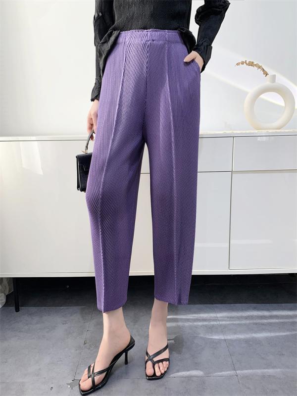 レディース 春夏 プリーツ パンツ 九分丈 ロブパンツ ゆったり 魚鱗風 テクスチャー ボトムス 普段使い 伸縮性｜バランスケア　店