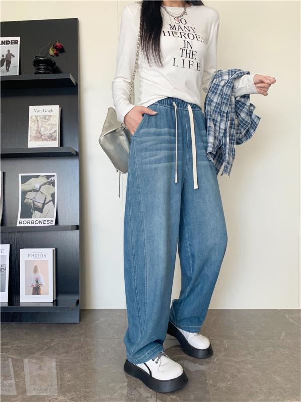 デニムパンツ レディース 秋 高腰 ワイド カジュアル 9分丈 ダッド キャロット ぽっちゃり対応 股隠し スリム ロールアップ デニム素材 伸縮性 普段使い 軽量 ビッグシルエット ハイウエスト ブルー系