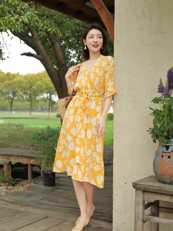 春夏 ワンピース レディース ロングドレス 花柄 プリント レトロ 伸縮ウエスト ゴム入り フレンチスタイル ティータイム ミディ丈 軽量 綿素材 かわいい 普段使い 通勤用｜バランスケア　店