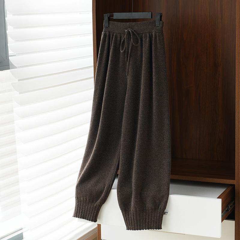 パンツ レディース 秋冬 羊毛 ニット 厚手 ハイウエスト ワイド 9分丈 暖か 保温 ゆったり ボトムス カジュアル