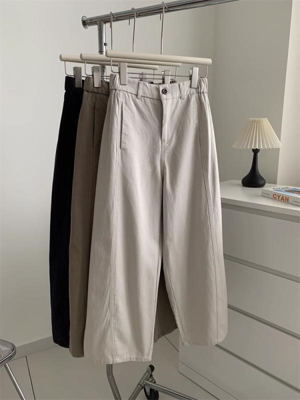 パンツ レディース レトロ 切り替え ワーク ストレート ワイドレッグ 9分丈 ハイウエスト スリム 効果 コットン 混 カジュアル ゆったり 普段使い 軽量 素材