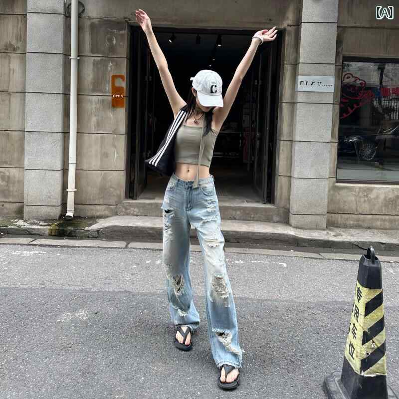レディース デニム パンツ トリ スティン アメリカン レトロ ストリート リップ ド ジーンズ 女性 23 夏 ゆったり ワイド レッグ モ ッピング パンツ