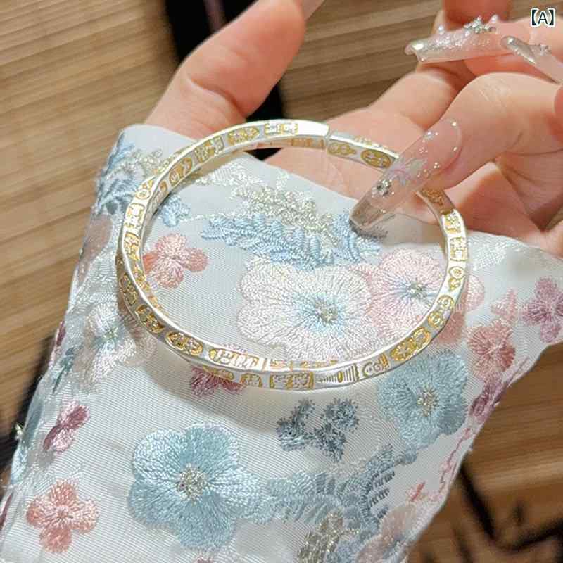 オシャレ バングル ブレスレット 銀 9999 幸運の 言葉 金 塗装 シルバーブレスレット 女性用 メビウス ツイスト パターン オープン ソリッド ブレスレット 中国 スタイル