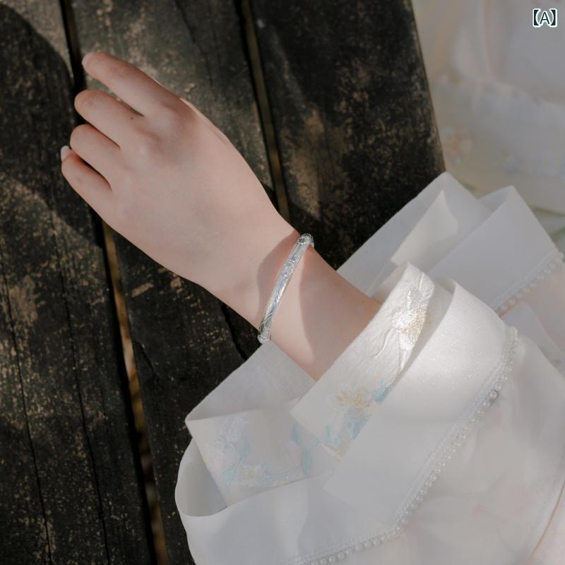 ブレスレット バングル オシャレ 彫刻非 レガシー 999 スター リング シルバーブレスレット 女性用 チャイナ風 開閉 式 ソリッド ダブル ドラム ローチ バック 磨き 加工 彫刻