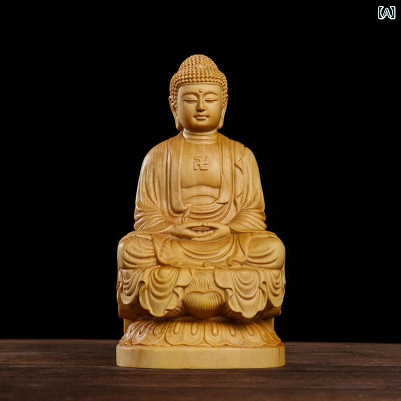 仏像 黄楊木 彫刻 釈迦牟尼 大日如来 木製 座像 玄関飾り 机上置物 車内インテリア 伝統工芸 室内装飾 ミニチュアフィギュア｜バランスケア　店