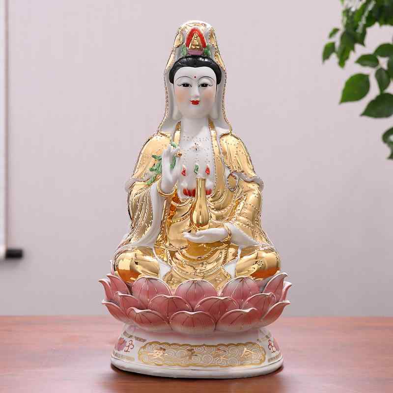 仏像 観音菩薩 陶器製 座蓮 金身 南海観世音 家庭用 供養 家内安全 置物 インテリア 装飾品