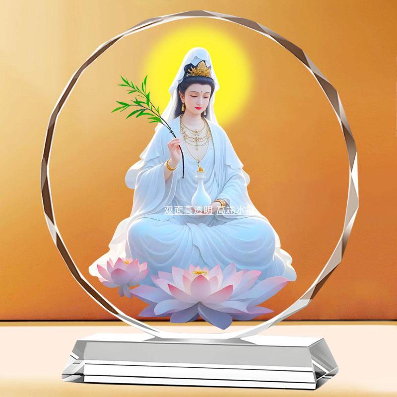 仏像 白衣観音 観世音菩薩 縁結び 救苦救難 水晶ガラス 置物 台座 供養用 インテリア デコレーション