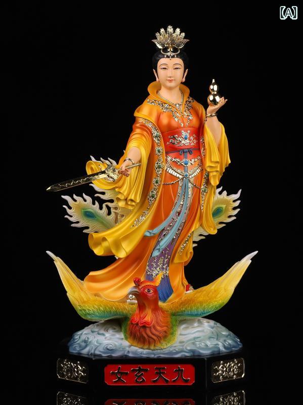 神像 女性立像 鳳凰モチーフ 彩色仕上げ 仏像 鎮宅守護 家庭用 インテリア置物 寺院風 伝統工芸 装飾品|バランスケア 店