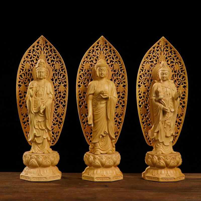 仏像 キリ材 実木 彫刻 西方三聖 阿弥陀如来 大日如来 大勢至菩薩 観音菩薩 置物 インテリア 飾り 伝統 木製 手彫り