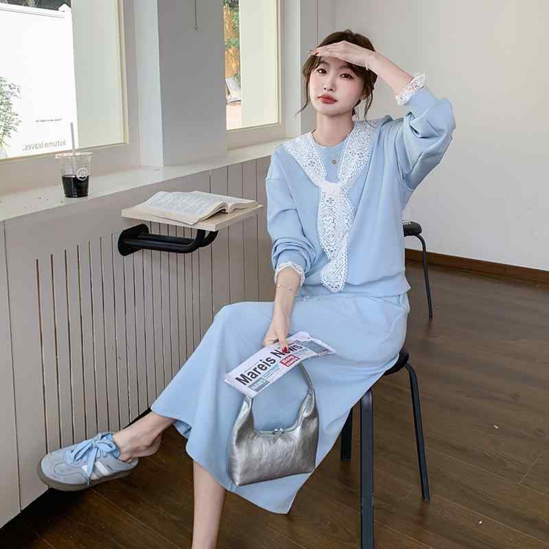 レディース 春 ブルー レース ショール 付き スウェット トップス ミディ スカート セット 甘美 かわいい 若見え スタイル 軽量 伸縮性 吸湿速乾