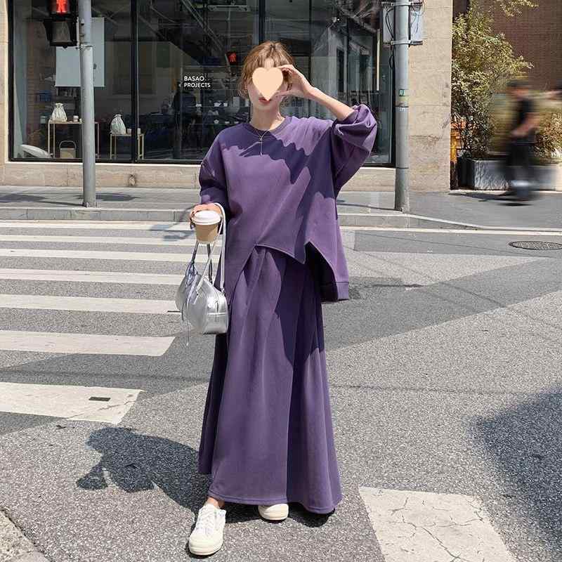 レディース 紫 アシンメトリー スウェット セットアップ スカート 高級感 ミディ丈 フレア 春秋 カジュアル コーディネート ファッション トップス ボトムス 2ピース スタイリッシュ 普段使い 軽量 伸縮性｜バランスケア　店
