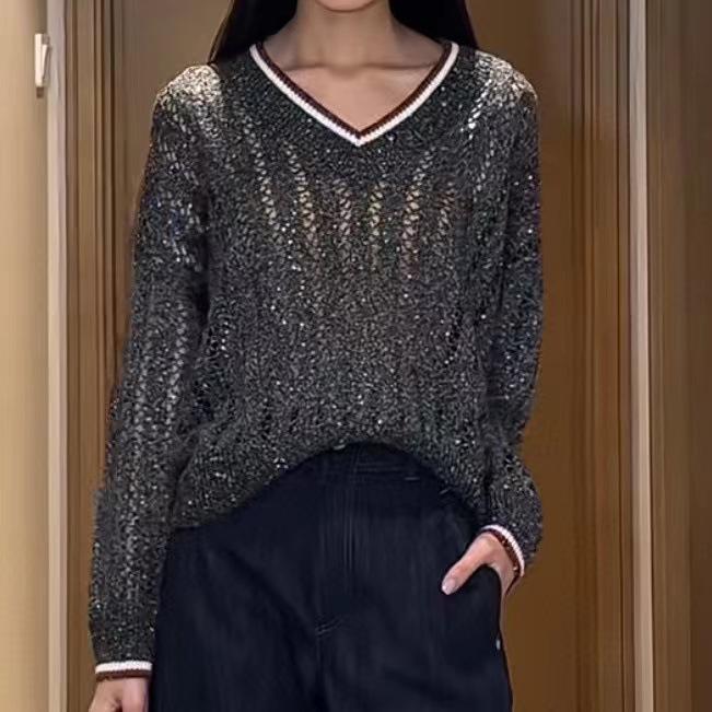 ニットトップ レディース ゆったり長袖 Vネック メッシュ スパンコール 麻素材 カジュアル ガウン 普段使い 軽量 伸縮性 春秋