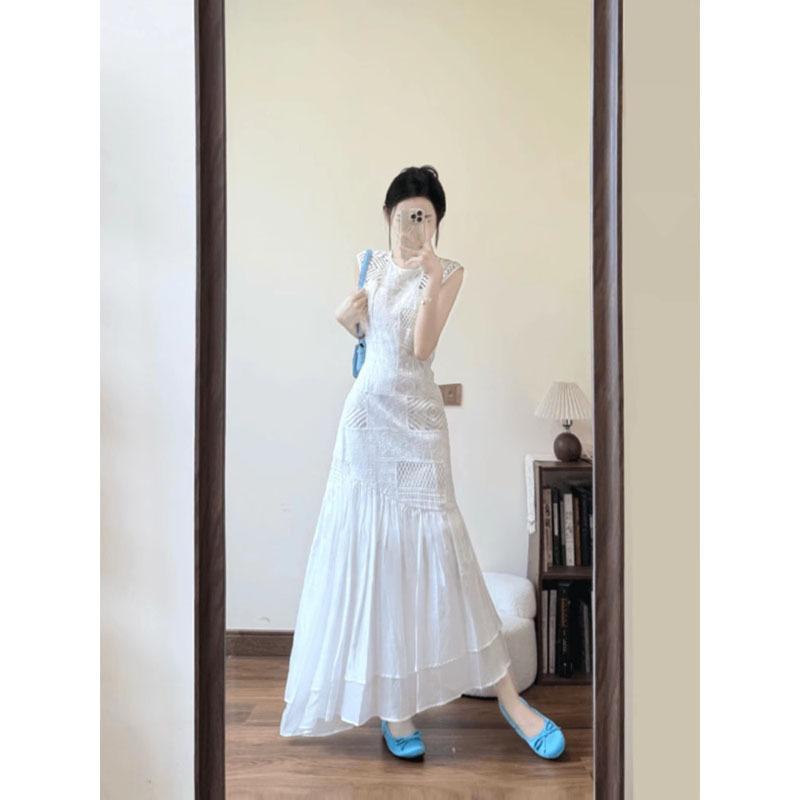 ワンピース レディース 白 レース 夏 リゾート ロング丈 ウエスト切り替え 小柄向け エレガント 軽量 通気性 涼しい ビーチ 女性用 上品 デザイン