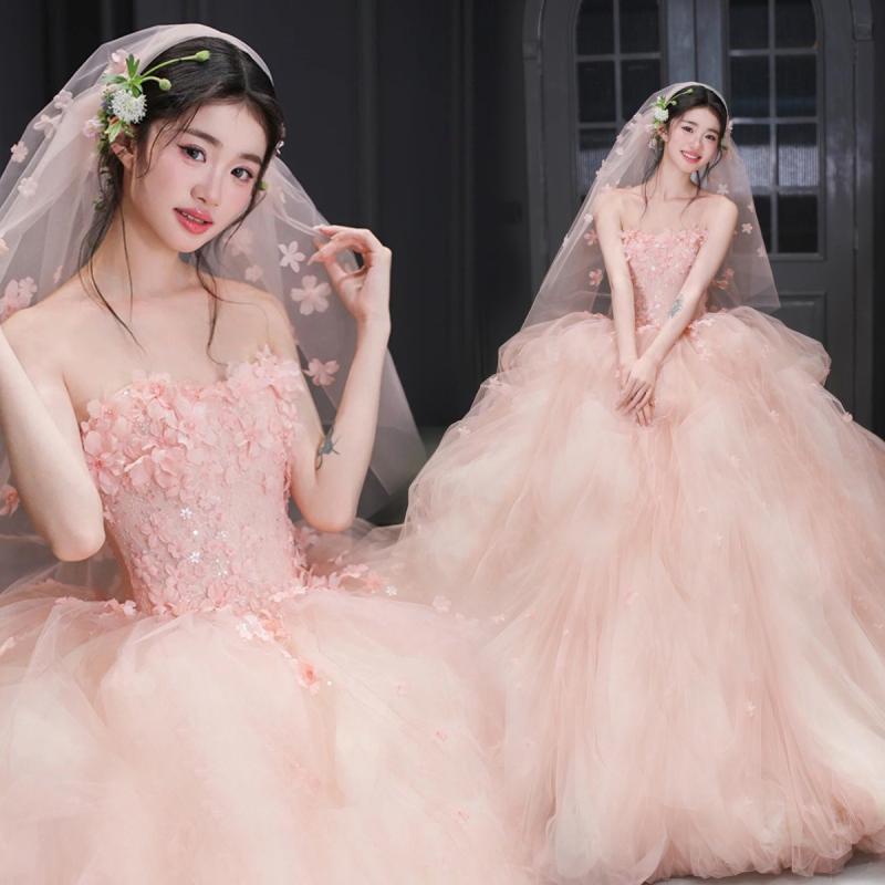 レディース ウェディングドレス ピンク プリンセススカート 結婚式 敬酒服 宴会用 イブニングドレス 成人司会者 フォーマル パーティー 華やか ロング丈｜バランスケア　店