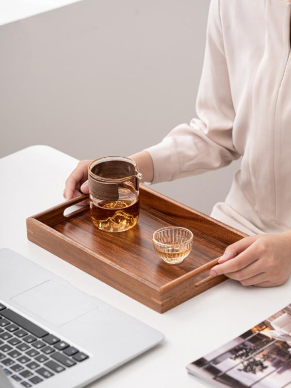 茶盤 ウォールナット材 長方形 木製トレイ 家庭用 茶杯収納 デザート皿 天然木 ティートレイ 収納ボックス