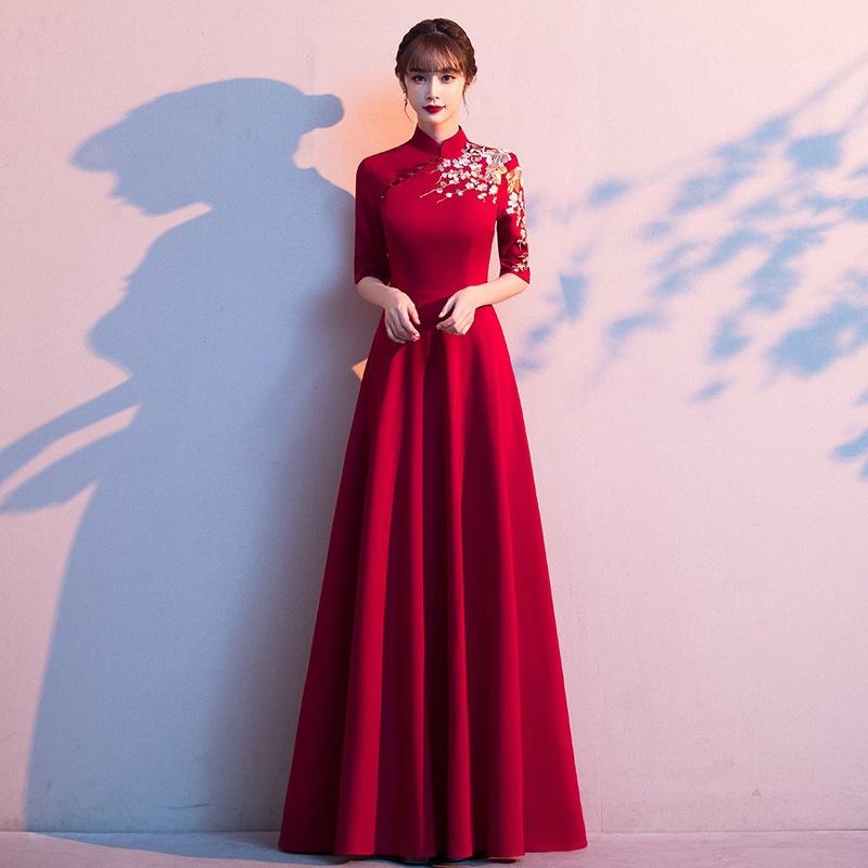 チャイナドレス レディース 赤 ロング丈 秋 イブニングドレス ワンピース パーティー用 結婚式 演出服 エレガント フレアシルエット 伸縮性 素材