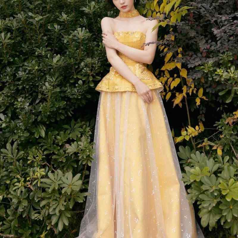 レディース ドレス 新中式 敬酒用 イエロー ストラップレス ワンピース 高級感 国風 新婦用 婚約用 結婚式 フォーマル 軽やか｜バランスケア　店
