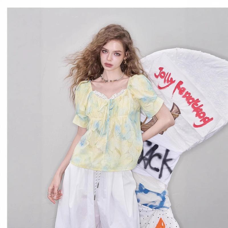 ブラウス レディース 夏 フレンチ パフスリーブ レース 切り替え ポケット かわいい フェミニン ロマンティック スタイル エレガント 甘め シルエット カジュアル