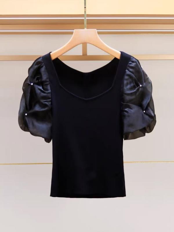 レディース 夏 パフスリーブ 短袖 Tシャツ スリムフィット ハート型 ビーズ 装飾 フレンチスタイル エレガント かわいい トップス カジュアル 普段使い コーディネートしやすい｜バランスケア　店