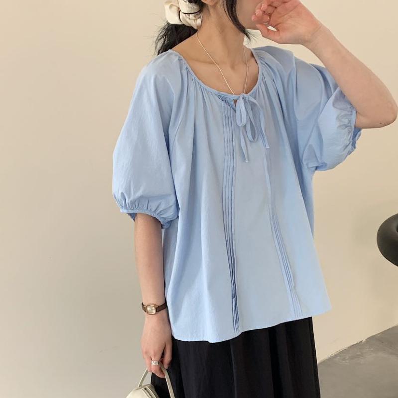 レディース ブラウス パフスリーブ 丸襟 紐付き ゆったり 体型カバー 夏用 シルエット トップス カジュアル 普段使い