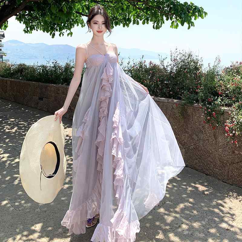衣装 レディース 夏 パープル ストラップレス フラウンス シフォン チュール 砂浜 たまり場 御召しもの 夏時御召しもの 軽さ 冷やりとした 成人女性用 御休み 紫 ノースリーブ 揺れる裾 海岸地帯 ひと休み