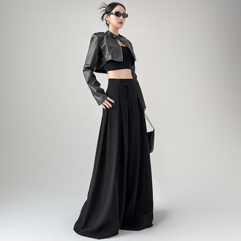 レディース パンツ ワイドレッグ 高級感 スーツ 春 ドレープ スリム 床引き ロング丈 梨型身材 ハイウエスト ストレッチ 普段使い ブラック グレー