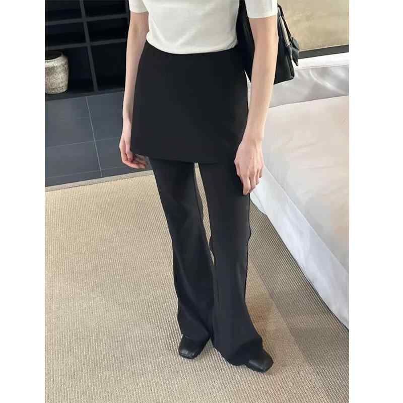 スカートパンツ レディース ブラック 微フレア 春 フェイクツーピース 細見え ロング 伸縮性 普段使い カジュアル スタイリッシュ 軽量