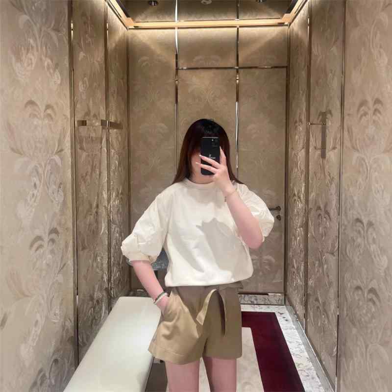 レディース 春 パフスリーブ Tシャツ 丸首 ドローコード ショート丈 カジュアル 通勤 日常使い トップス