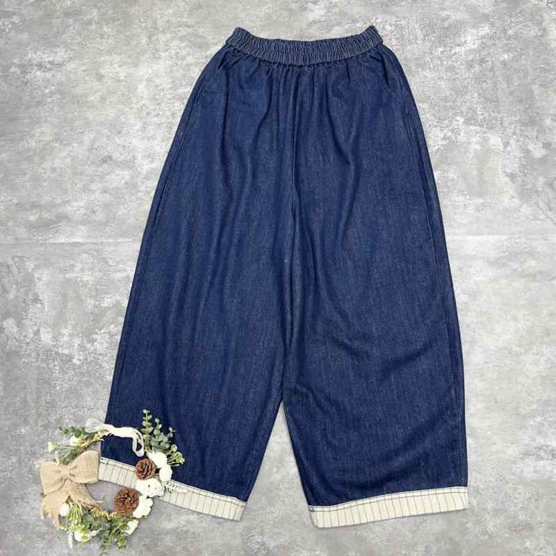女性用 深紺 ワイドレッグ デニムジーンズ レトロ 伸縮ウエスト ゆったり ストレート 綿 切り替え カジュアル 日常使い 春夏
