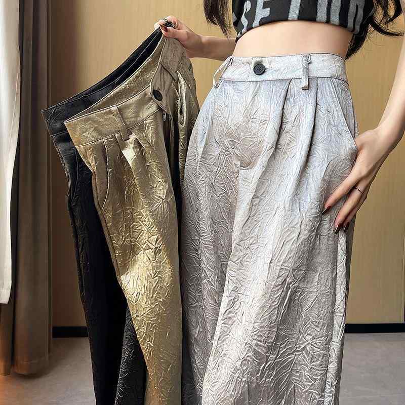 レディース ワイドパンツ 春夏 シルバー プリーツ ハイウエスト カジュアル ドレープ 高級感 スリム ストレッチ 軽量 普段使い トップス コーデ