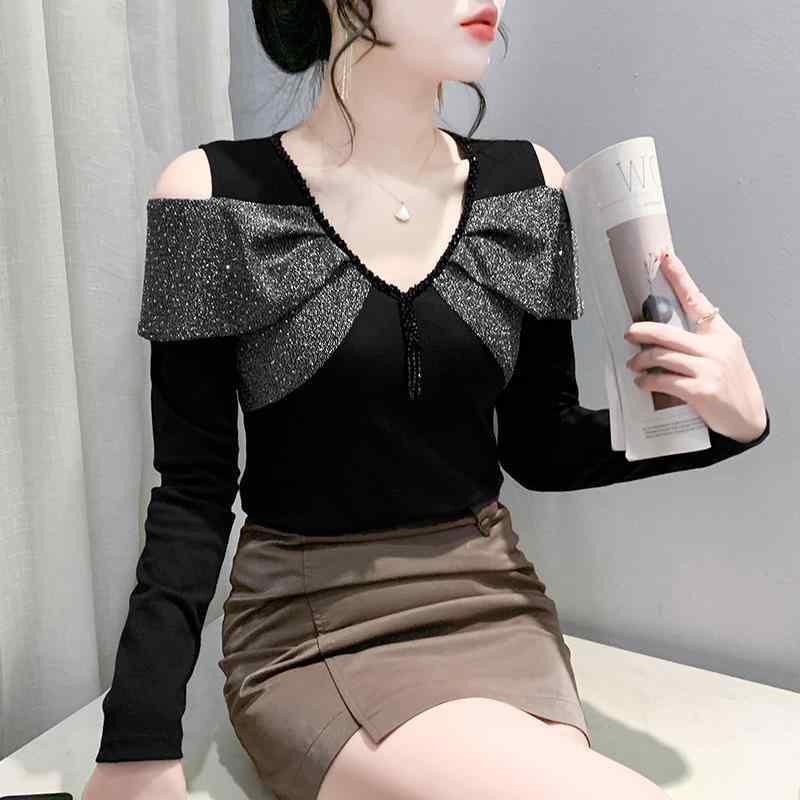 トップス レディース 秋冬 長袖 Vネック 肩出し セクシー ビーズ付き インナー ファッション レイヤード 伸縮性 素材 普段使い