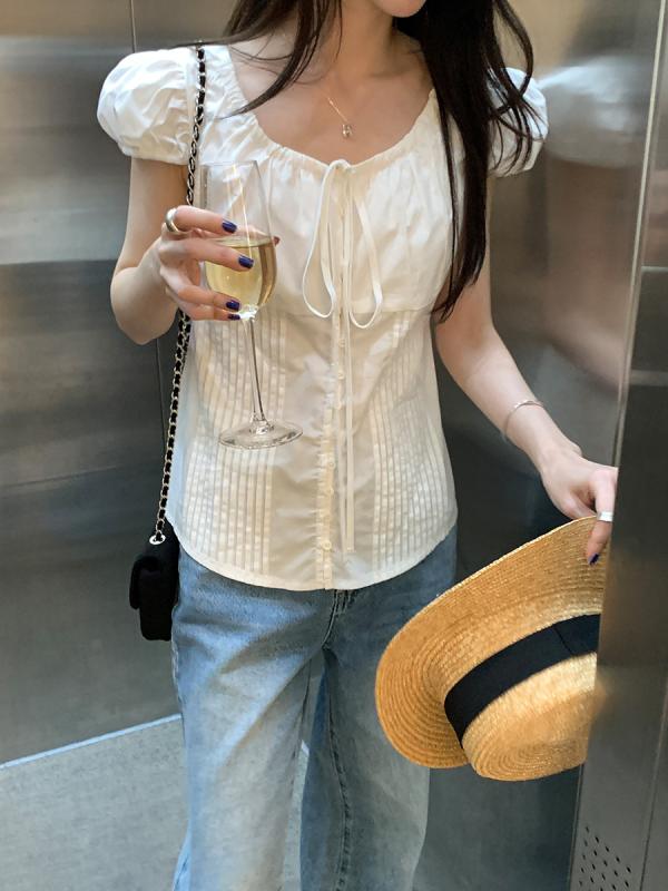 ブラウス レディース 夏用 韓国 リボン ウエスト 切り替え スリム パフスリーブ 半袖 トップス 普段使い 軽やか ユニーク