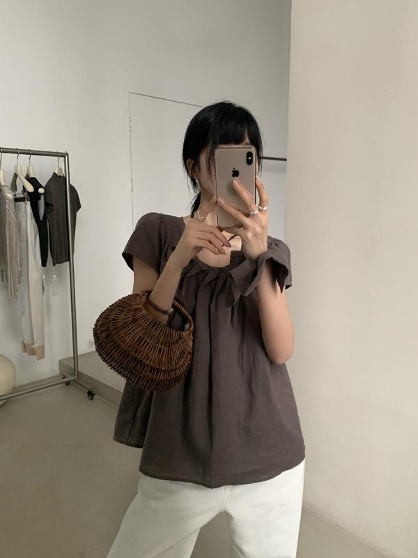 レディース 夏用 ラミー ブラウス パフスリーブ 高級感 トップス 吸湿速乾 軽量 女性用 シャツ 袖 爽やか 素材 切り替え ナチュラル