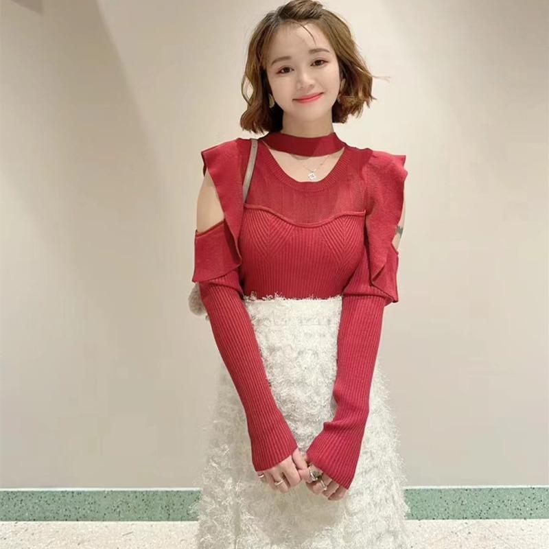 ニットセーター レディース 春 オフショルダー フリル袖 無地 セクシー 甘め ボディフィット トップス 肩出し キュート 普段使い 軽量 伸縮性 再生繊維|バランスケア 店