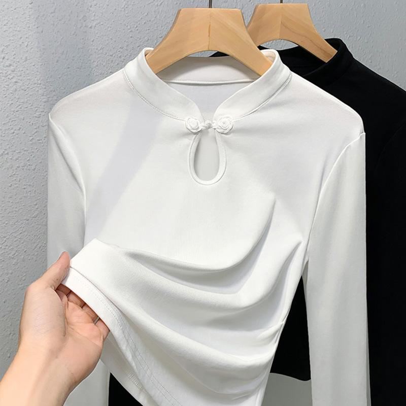 トップス レディース 白 長袖 中国風 スタンドカラー 盤扣 綿 Tシャツ インナー ベースレイヤー 秋 レイヤード 柔らかい コットン 普段使い 通気性