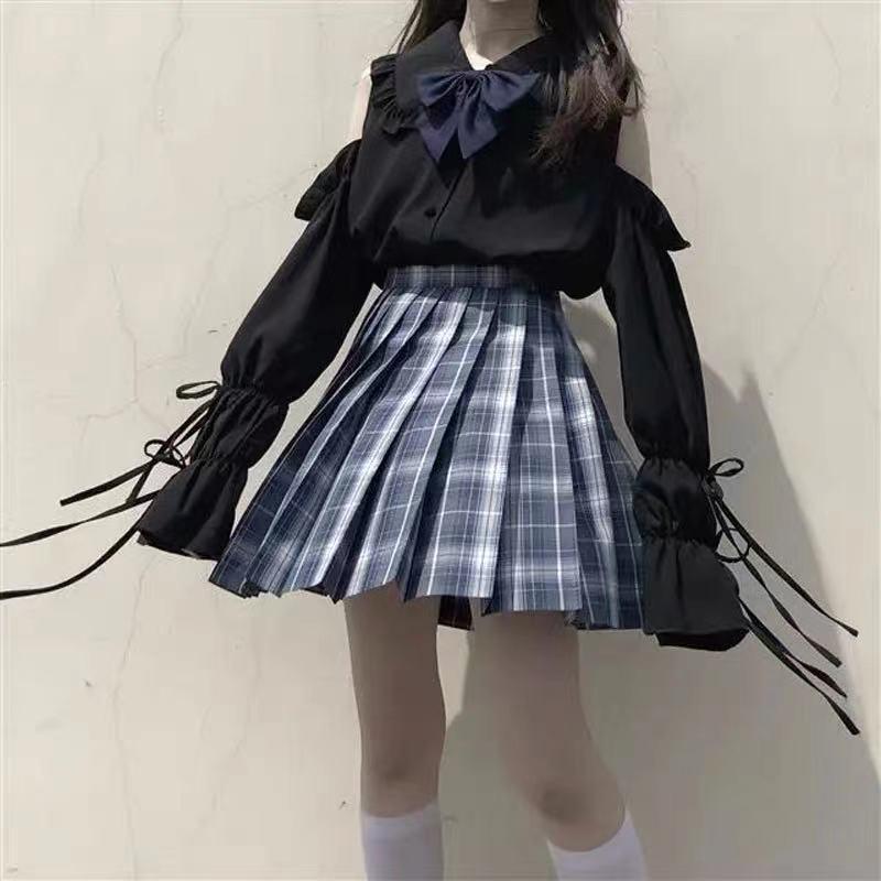 レディース ロリータ ブラウス 女子学院風 制服 インナー トップス ラッパ袖 ドールカラー オフショルダー 長袖 ゆったり フィット かわいい
