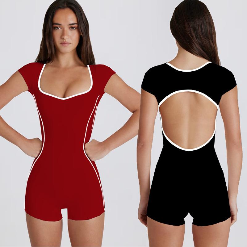 連体服 レディース コントラストカラー スクエアネック スリム効果 ストレッチ タイトフィット バックレス エアリアルヨガ スポーツウェア ヨガウェア 伸縮性 フィット感 アクティブ 女性用 ジャンプスーツ トレーニング ダンス 軽量 動きやすい 吸湿速