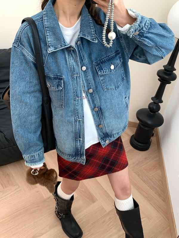 春 ジーンズ上衣 ゆったり アウター フリンジ うつり変わり  アメリカン ウォッシュ製作 綿織物原材料 心地好い 普段使い