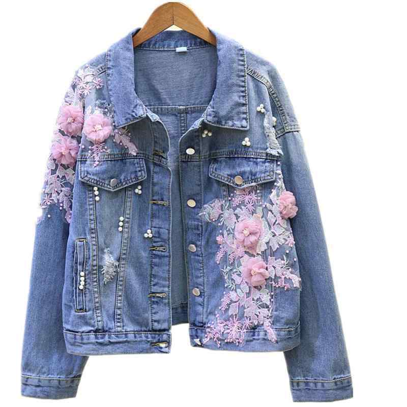 デニム ジャケット レディース ゆったり ショート丈 凝った刺繍 立体花 ダメージ 加工 春秋 カジュアル アウター 綿素材 軽量