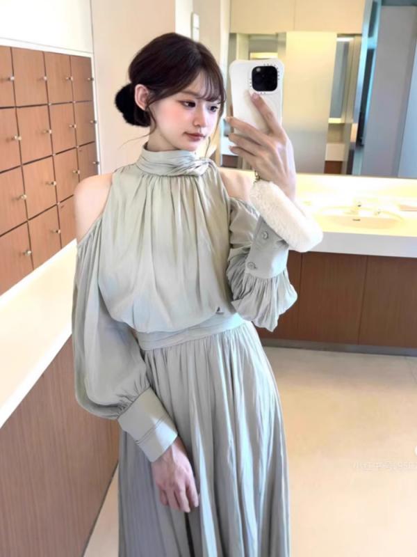 レディース ワンピース 春夏 オフショルダー 長袖 中袖 リボン ストラップ お姫様風 日系 スタイル 軽やか フレア スカート 女性用 ドレス モード|バランスケア 店