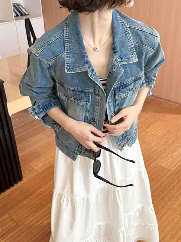 ジャケット 春 韓国 ゆったり レトロ デニム 水洗い加工 カジュアル スタイル ファッション エレガント ビンテージ 風合い 普段使い 通勤対応 軽量 伸縮性
