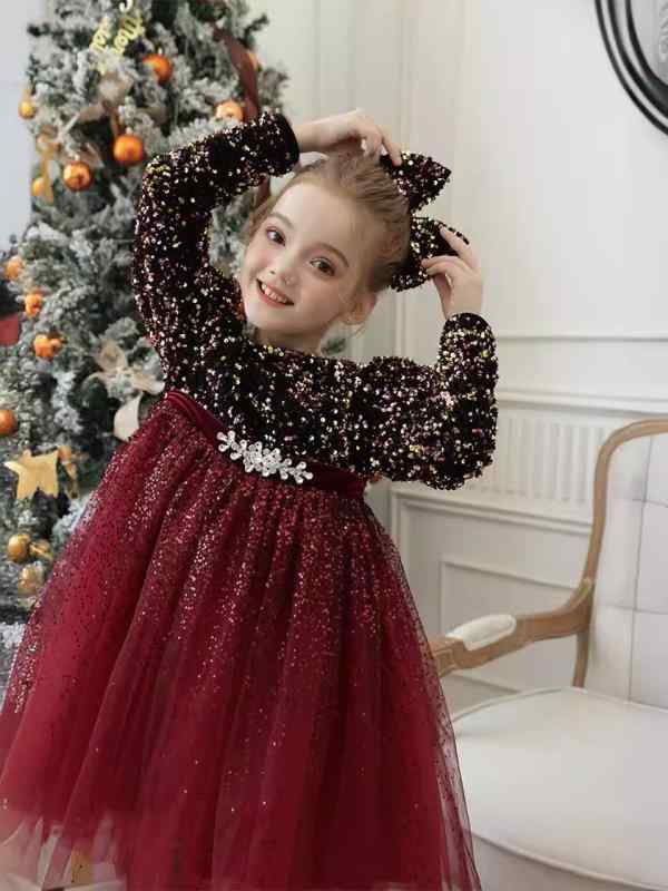 キッズ 女の子用 冬 クリスマス プリンセスドレス かわいい 上品 ラメ 長袖 チュール ワンピース