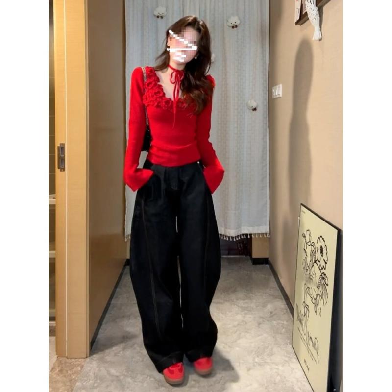 レディース ニットセーター 赤 立体花柄 長袖 秋冬 インナー トップス スリムフィット ボディコンシャス ニット ベースレイヤー 普段使い 柔らかい素材 暖かみ コーディネート