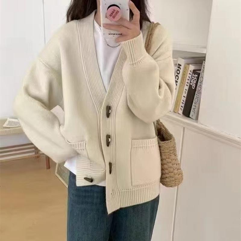 レディース ニット カーディガン 秋冬 レトロ ゆったり Vネック 牛角ボタン ルーズスタイル 暖か アウター トップス セーター コート