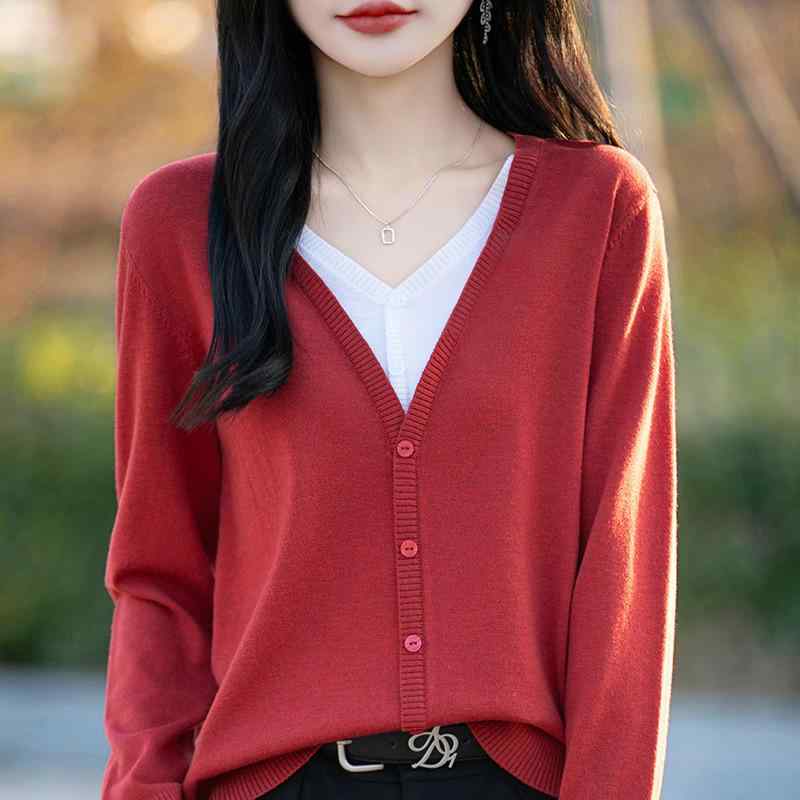 ニット カーディガン レディース Vネック フェイクレイヤード ウール ゆったり ショート丈 薄手 アウター デザイン おしゃれ 普段使い トップス