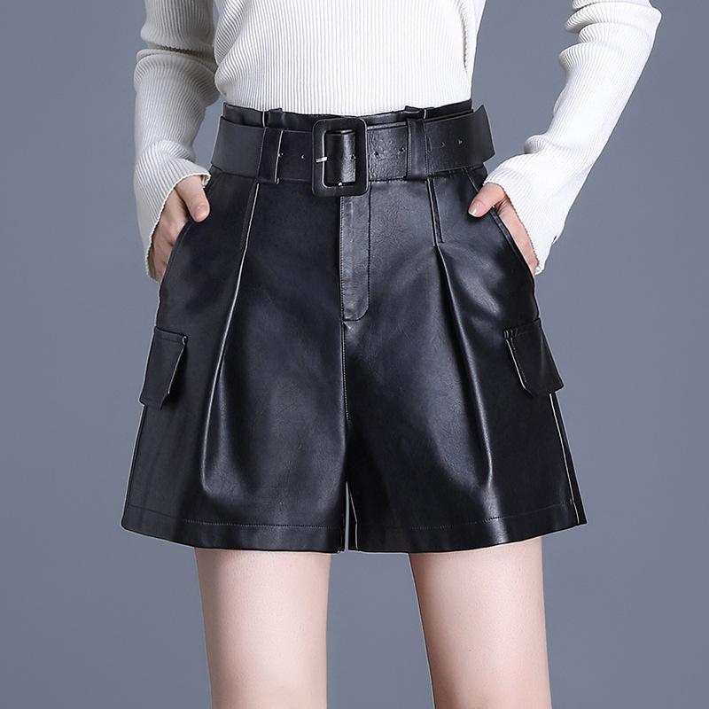 レディース ショートパンツ レザー ワイドレッグ ハイウエスト Aライン ゆったり 細見え カジュアル 秋冬 普段使い 軽量 伸縮性