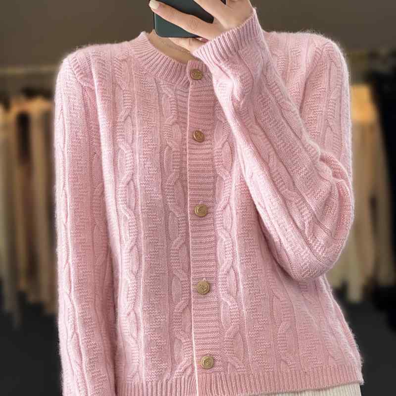 カーディガン レディース 秋冬 厚手 ケーブルニット クルーネック ショート丈 ゆったり ウール カシミア 暖か アウター セーター ニットトップス｜バランスケア　店