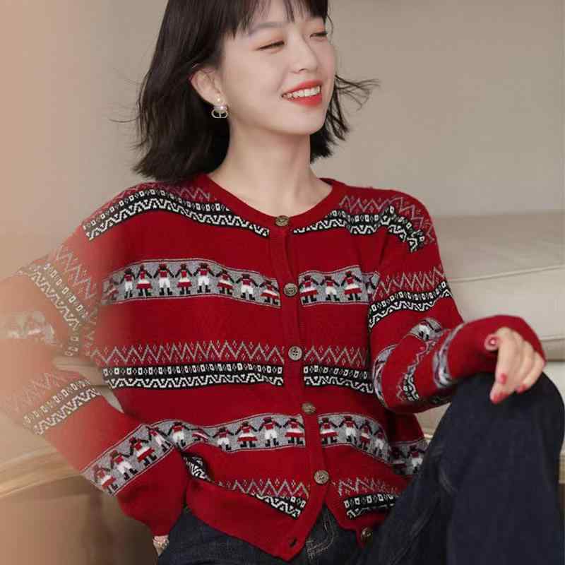 秋冬 羊毛 ニット カーディガン レトロ ジャカード 柄 長袖 シングル ボタン クリスマス 風 セーター 暖かみ 日常使い ファッション トップス